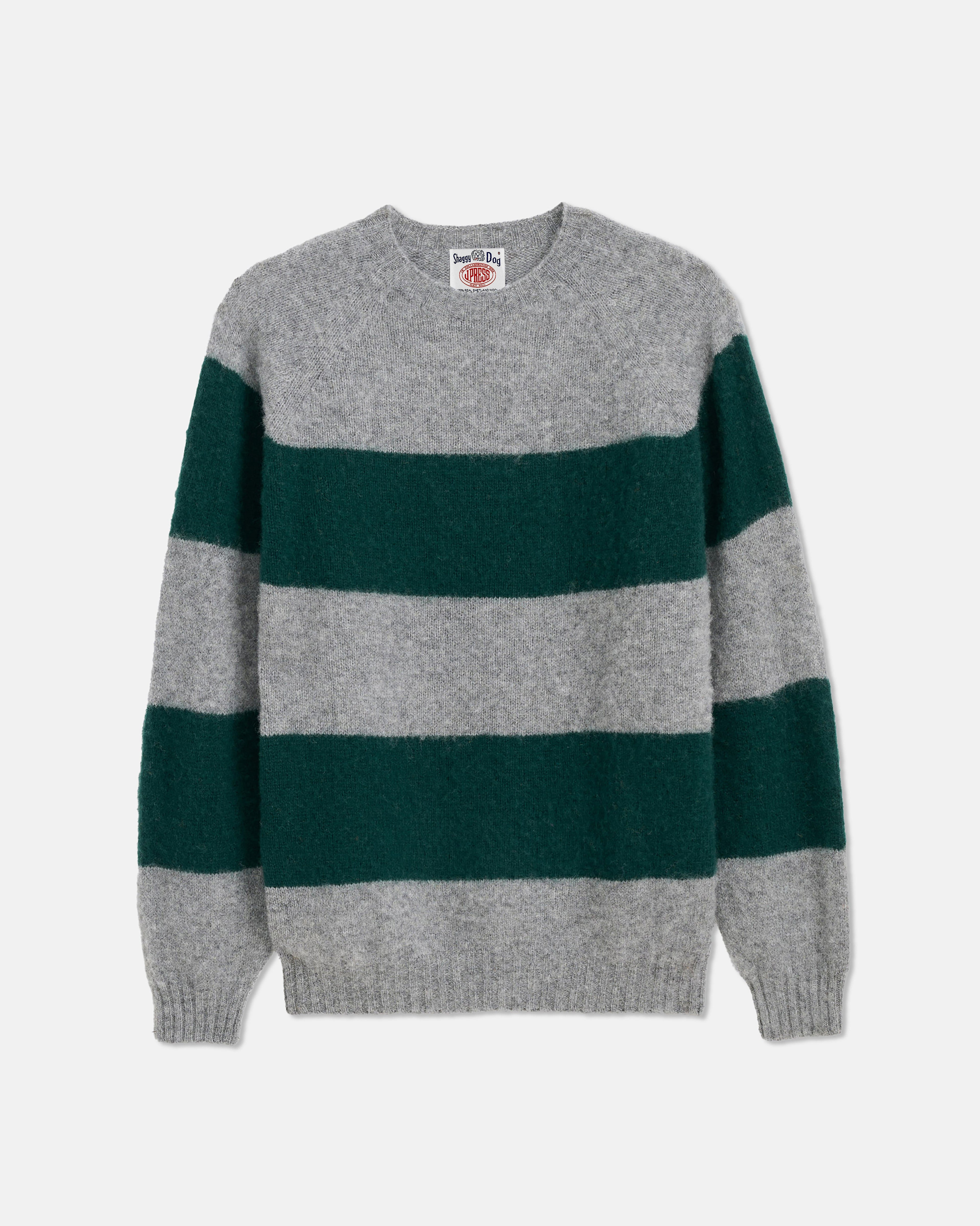 Made-in-Scotland Grey & Green Stripe Shaggy Dog Sweater - Trim Fit