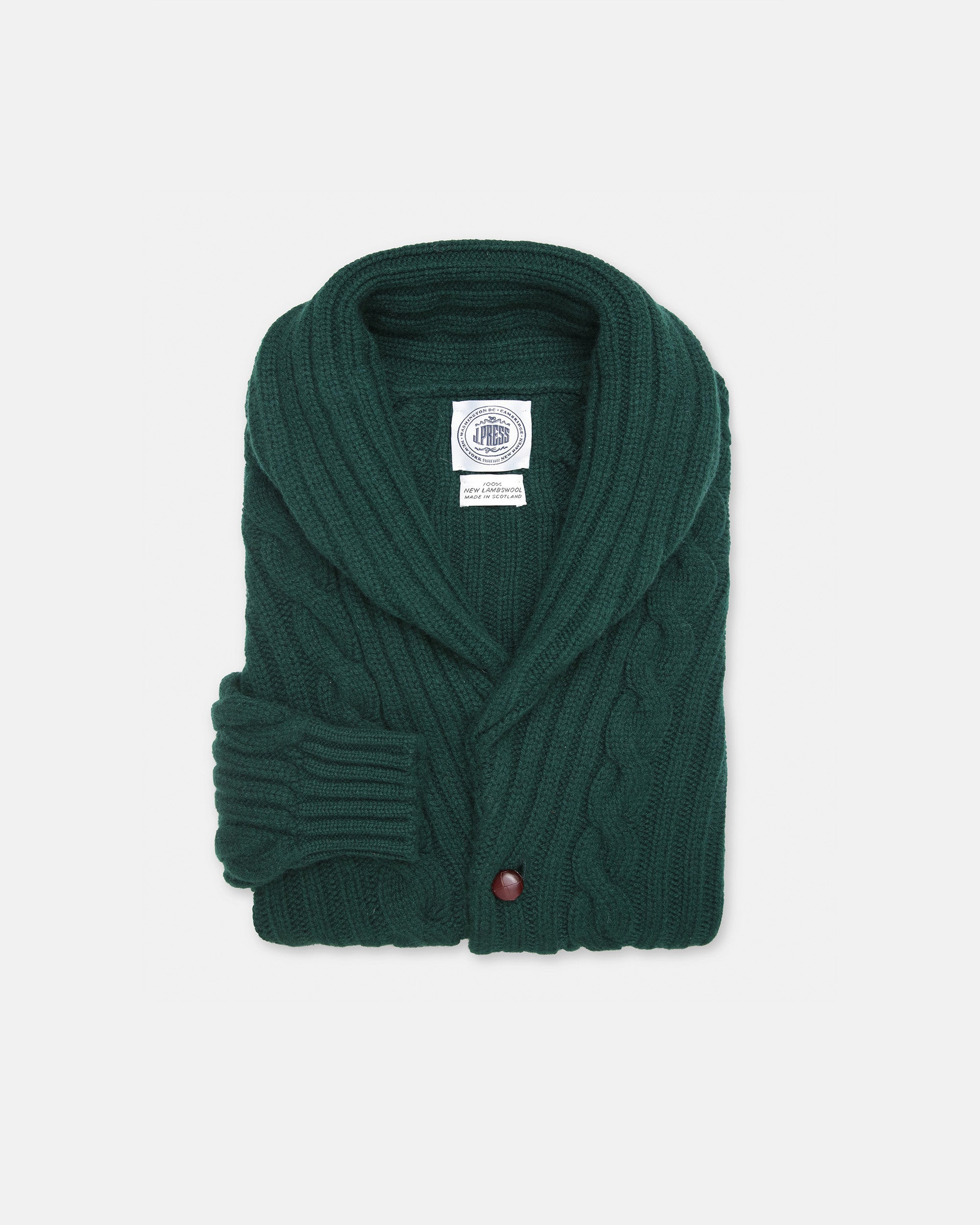 Made-in-Scotland Green Shawl Collar Cableknit Cardigan