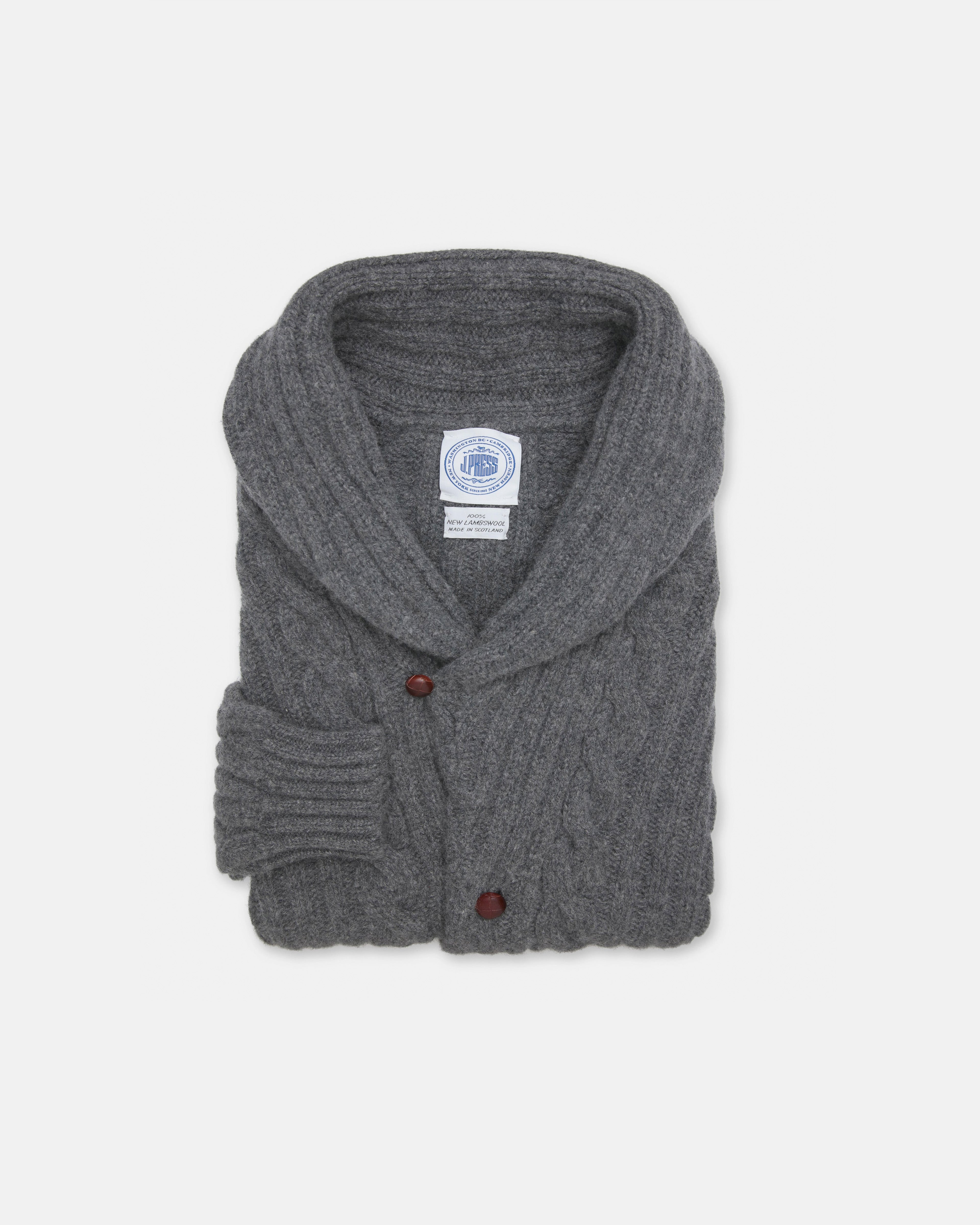 Made-in-Scotland Grey Shawl Collar Cableknit Cardigan