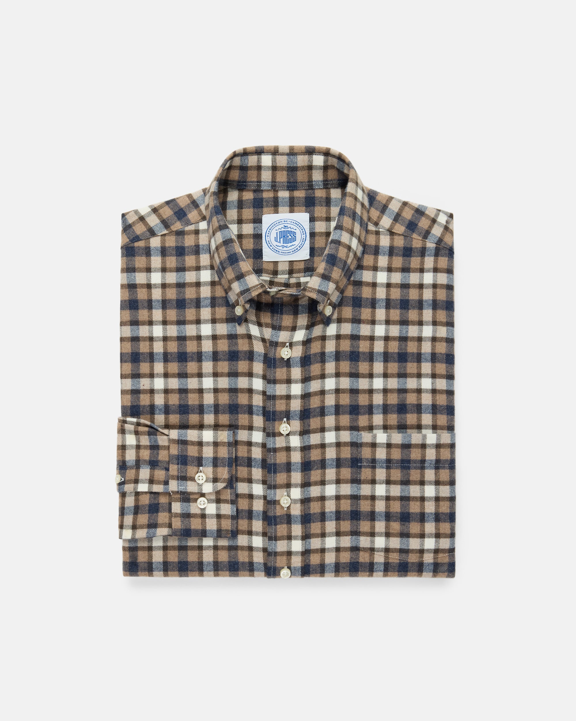 Brown & Navy Plaid Cotton Flannel Button Down Sport Shirt - Classic Fit