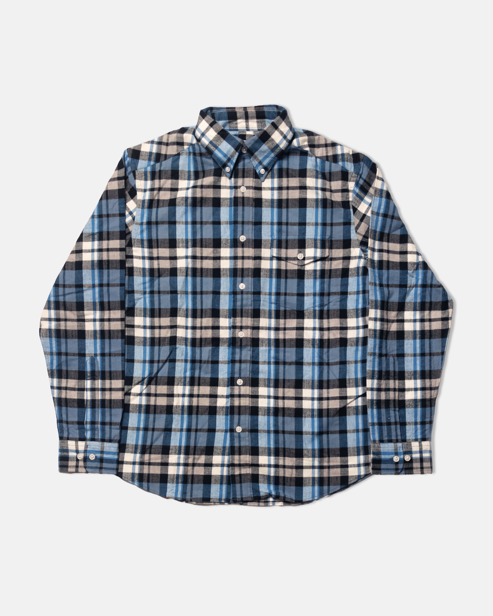 Blue & Cream Plaid Cotton Flannel Sport Shirt - Trim Fit